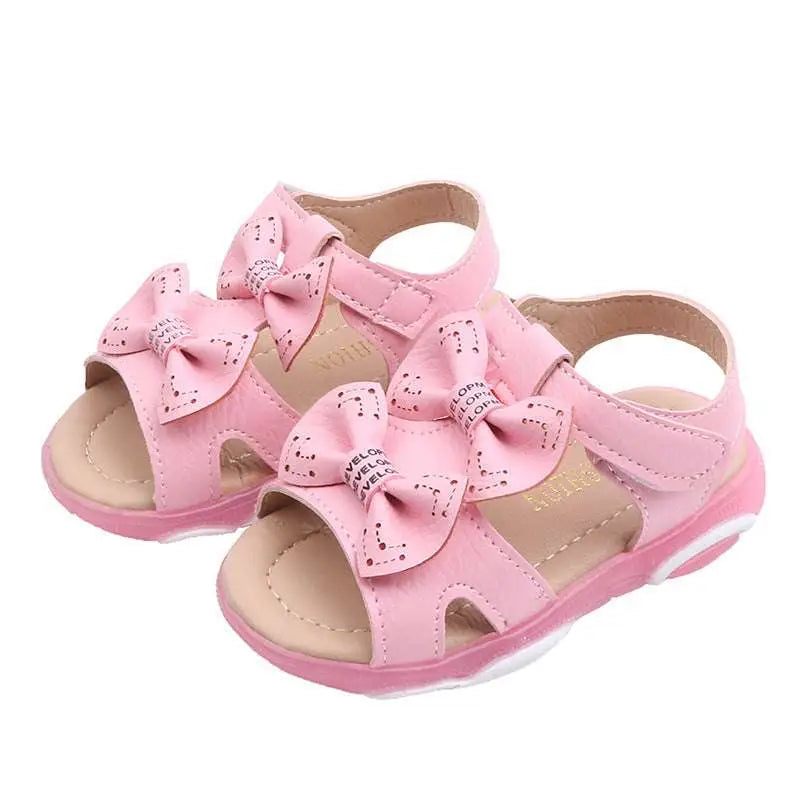 White led flashing princess shoes with bows pink children’s sandals featuring soft padded sole and cute flower flashing lights