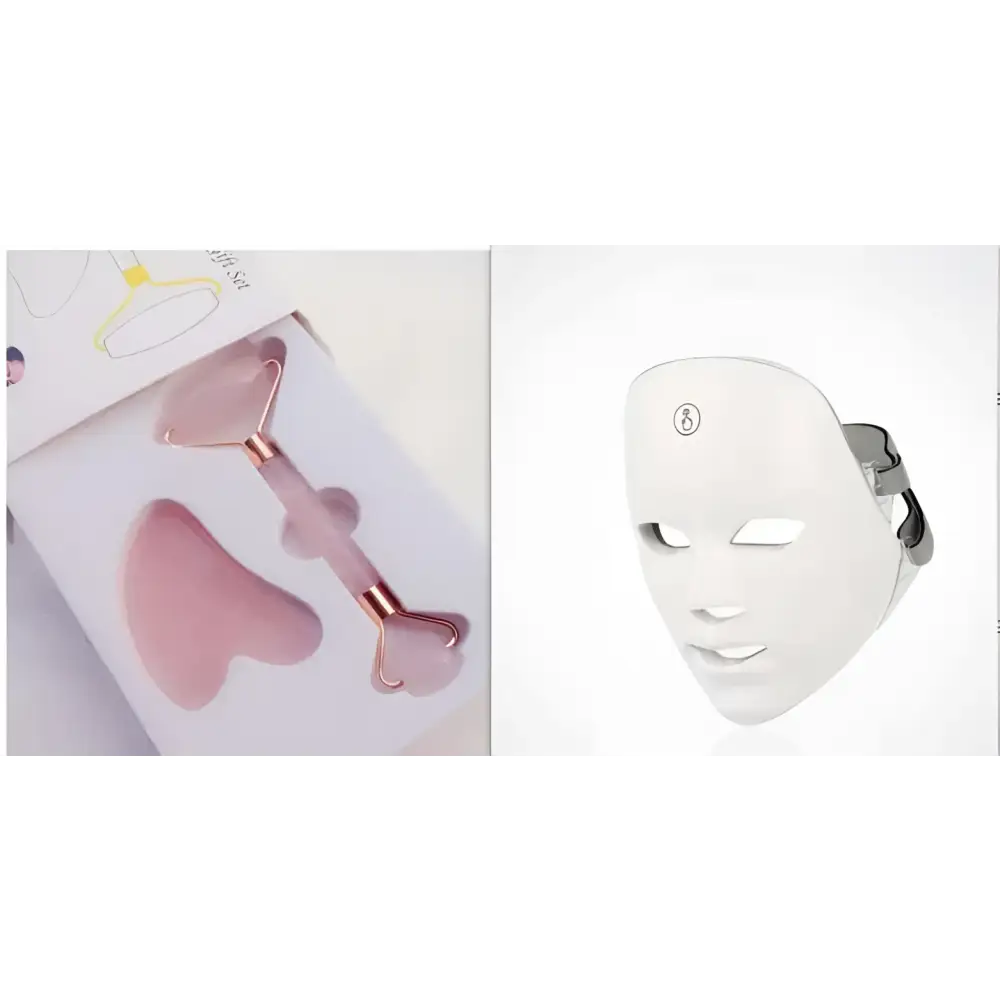 White led skin rejuvenation facial beauty device with silver metallic ear straps and small circular logo on forehead