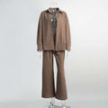 Brown cotton shirt trousers suit featuring a button-up shirt and matching wide-leg pants set