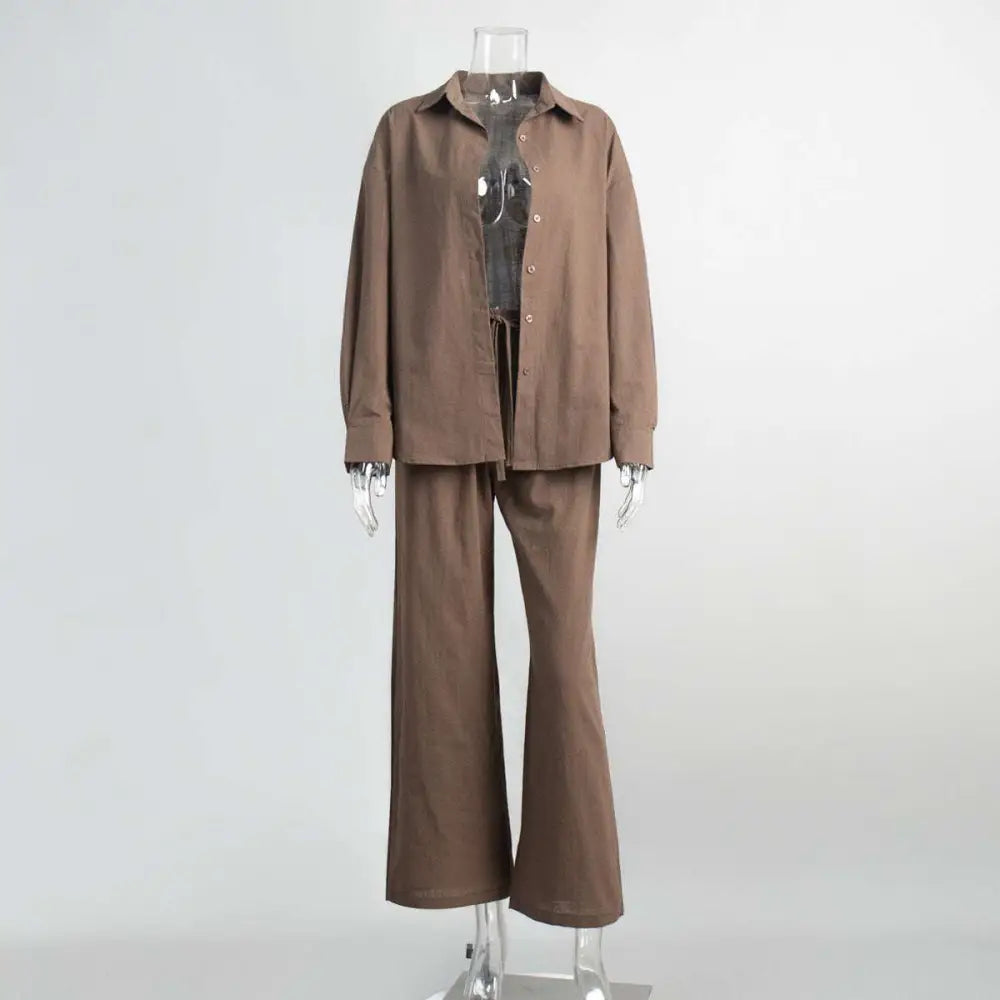 Brown cotton shirt trousers suit featuring a button-up shirt and matching wide-leg pants set