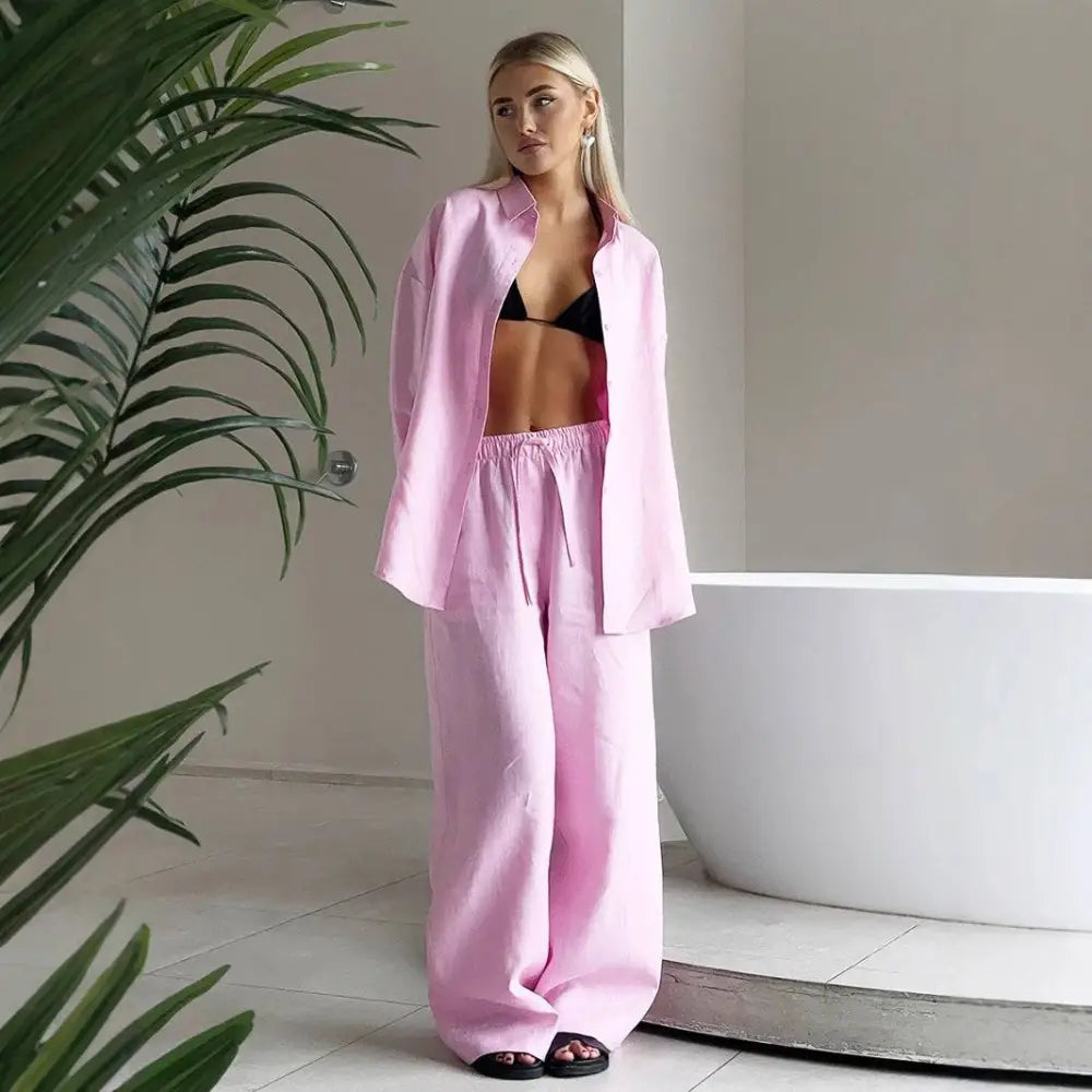 Pink linen shirt trousers suit with drawstring waist and matching oversized shirt in white linen long style