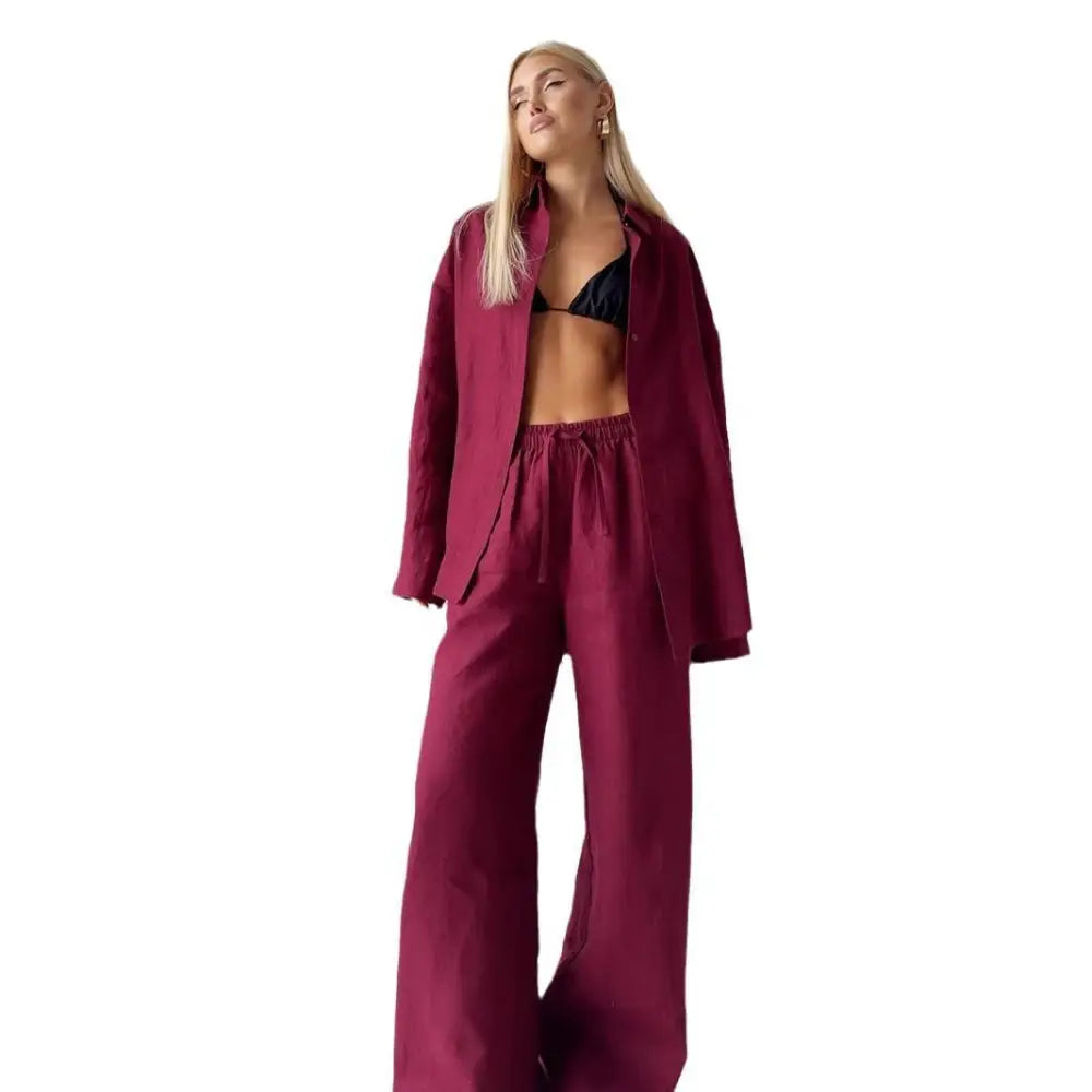 Maroon linen shirt trousers suit with relaxed fit blazer and wide-leg elastic waistband trousers for formal wear