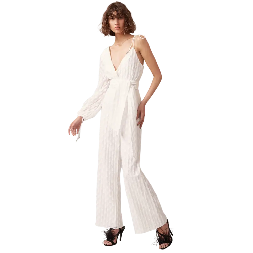 White luxury women’s fashion jumpsuit with textured fabric long sleeves and wide-leg pants in a jumpsuit image