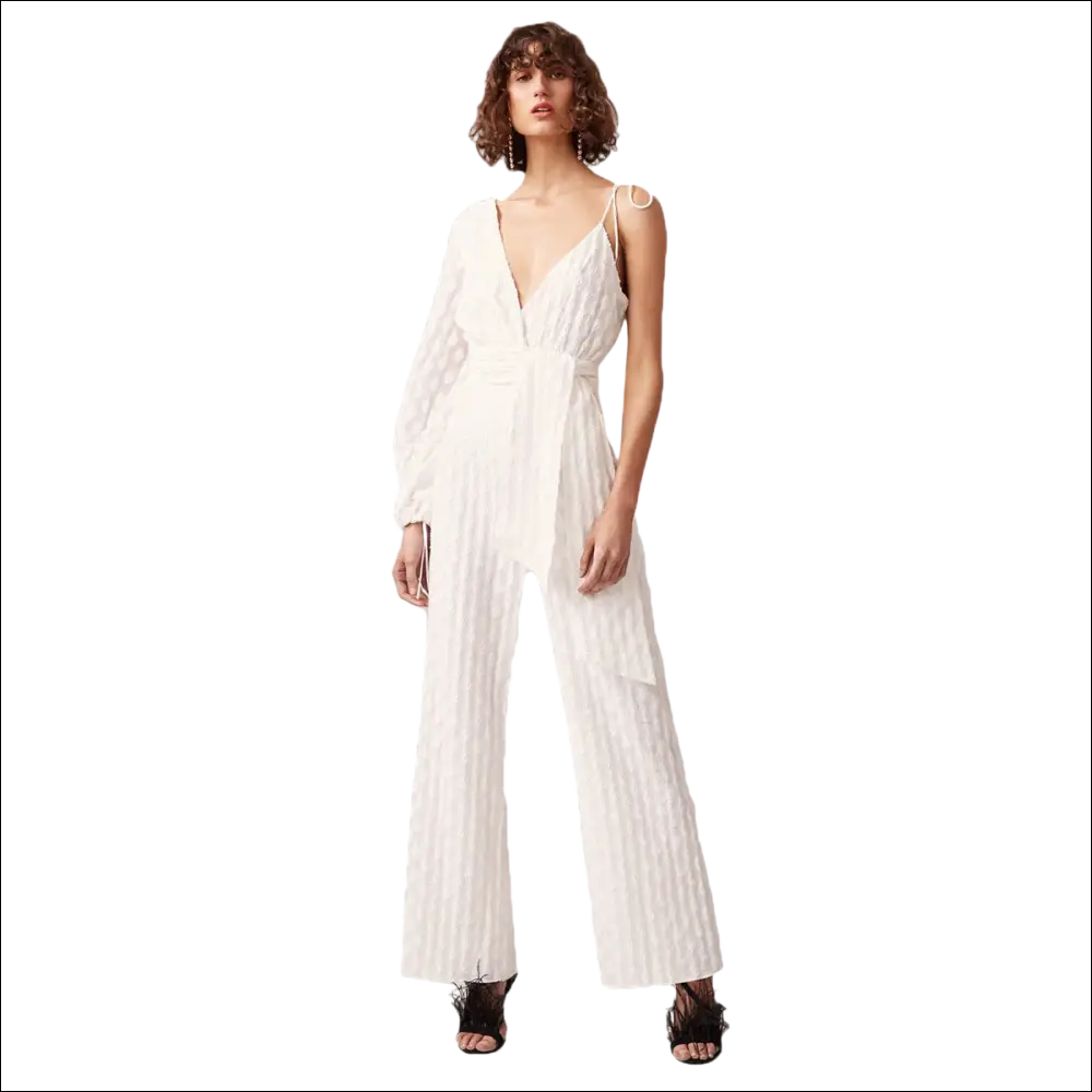 White luxury women’s fashion jumpsuit with textured fabric, one-shoulder design, sheer polka-dot sleeves, and belted waist jumpsuit image