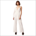 White textured one-shoulder jumpsuit image with wide-leg pants and belted waist in luxury women’s fashion