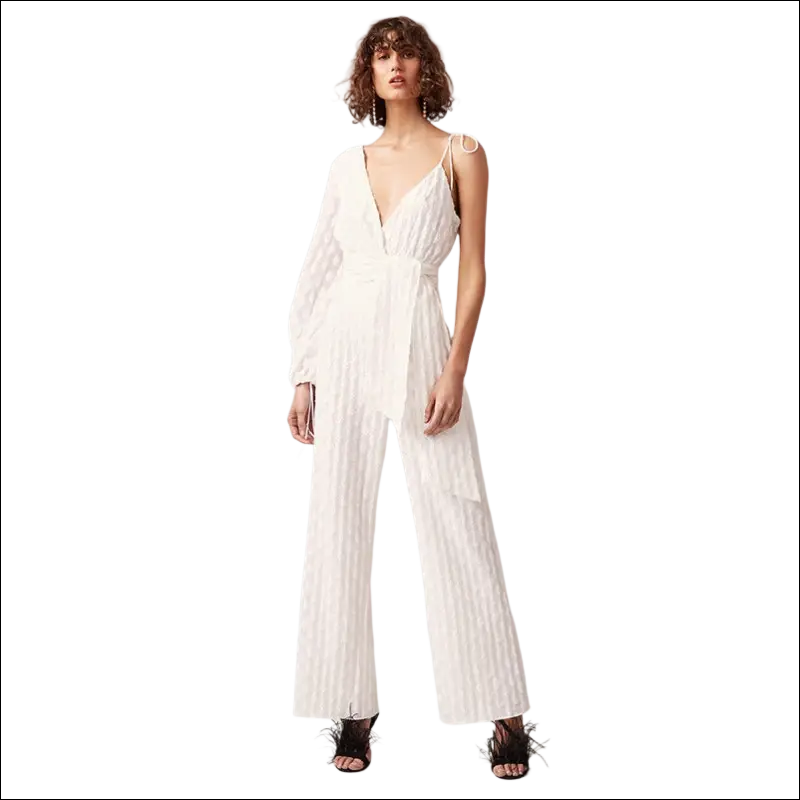 White textured one-shoulder jumpsuit image with wide-leg pants and belted waist in luxury women’s fashion