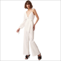 White luxury women’s fashion jumpsuit image featuring a white textured wrap style with long sleeves and wide-leg pants