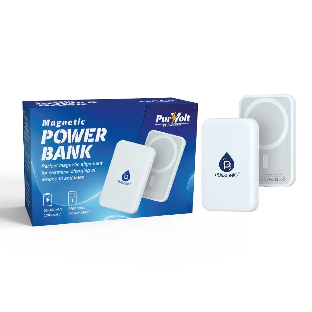 White magnetic wireless power bank with sleek minimalist design and water droplet logo for wireless charging