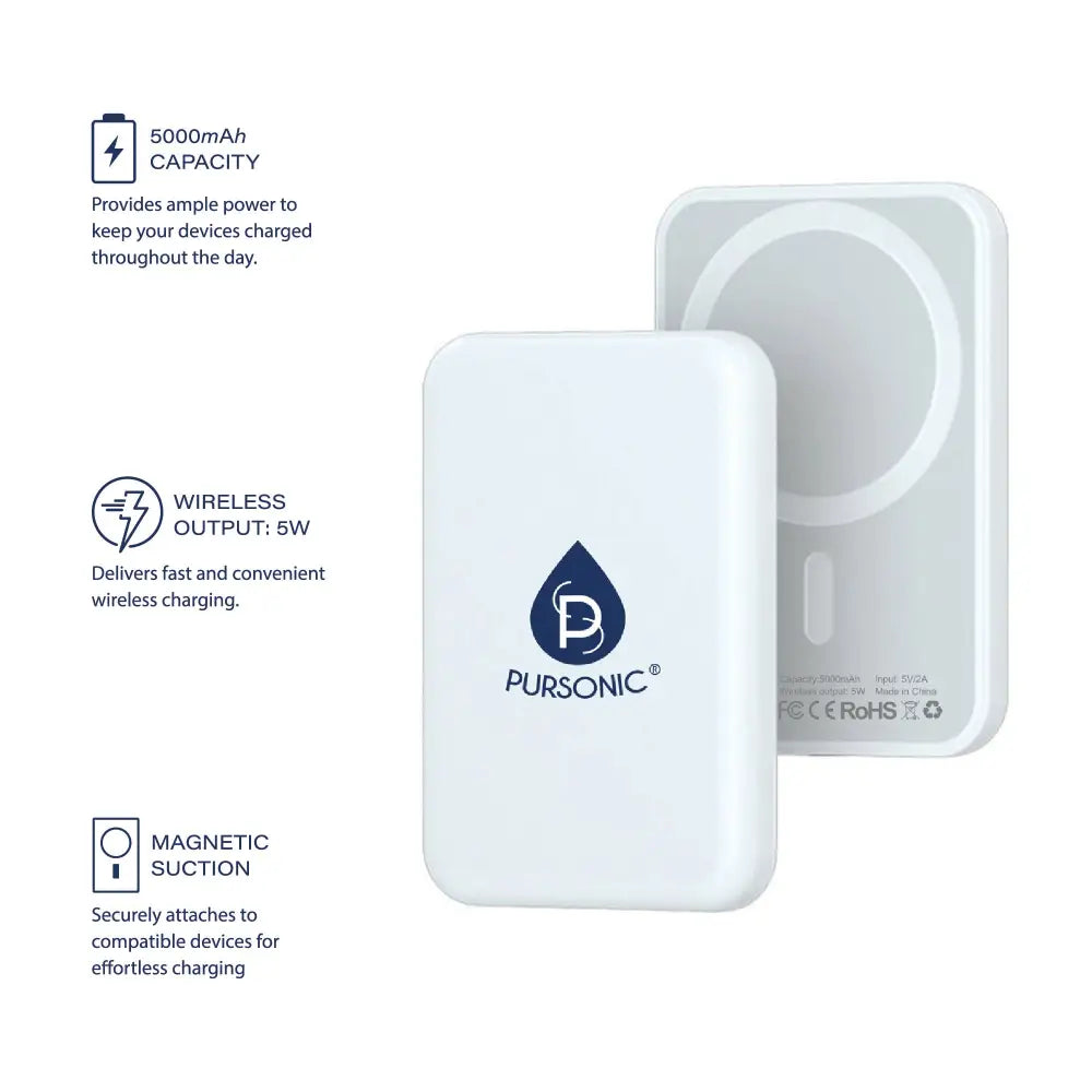 White magnetic wireless power bank with magnetic wireless power suction design and pursonic logo for wireless charging