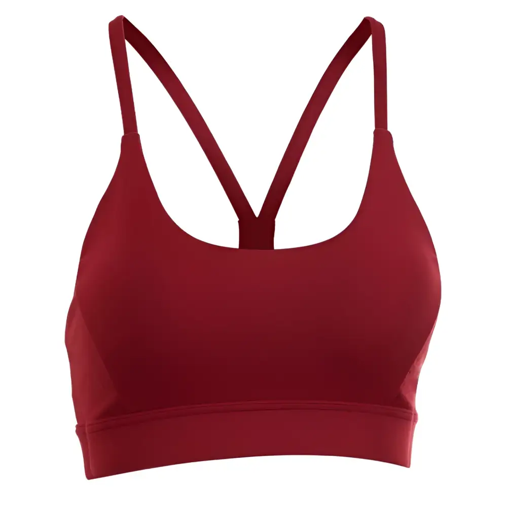 A maroon fitness racerback bra with thin crisscross straps and smooth stretchy fabric, styled like white mesh triangle push up bras