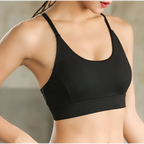 Black sports bra with thin straps seamless design contrasting white mesh triangle fitness racerback bras feature