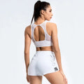 White mesh yoga women’s activewear set sports bra with tummy control and racerback design in white fabric