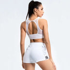 White mesh yoga women’s activewear set sports bra with tummy control and racerback design in white fabric