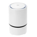 White minimalist usb air purifier with cylindrical design featuring black accent band and top power button