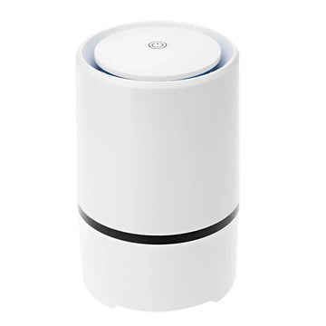 White minimalist usb air purifier with cylindrical design featuring black accent band and top power button