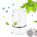 White minimalist usb air purifier with cylindrical design, glowing purple ring, black accent, and leaf graphics for natural purification