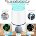 White minimalist usb air purifier with cylindrical design and glowing blue top featuring a black accent band