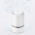 White minimalist usb air purifier with sleek cylindrical design and black accent band for clean air filtration