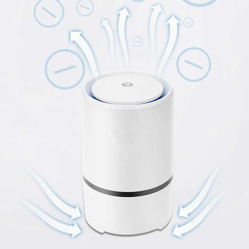 White minimalist usb air purifier with sleek cylindrical design and black accent band for clean air filtration