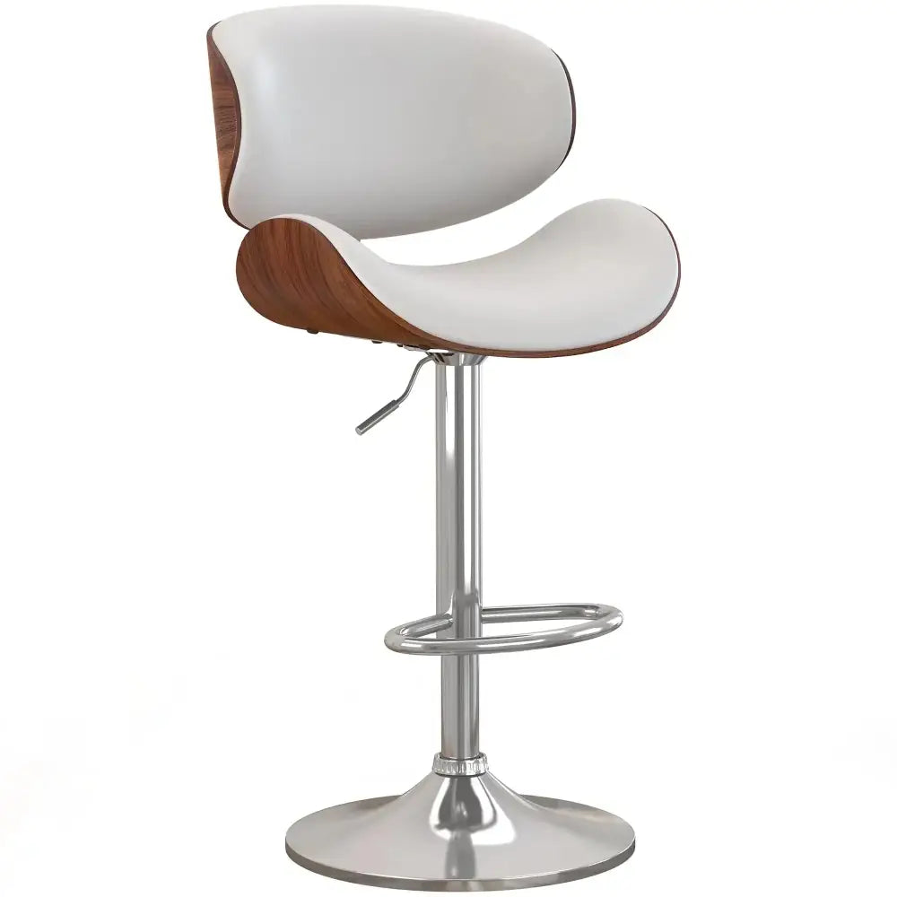 Modern swivel bar stool with white seat, wood grain accents, and chrome base from yafiti bar stools collection