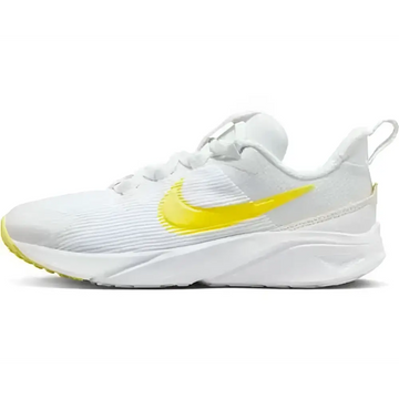 White nike star runner 4 kids running shoe with bright yellow swoosh and matching kids yellow sole accents