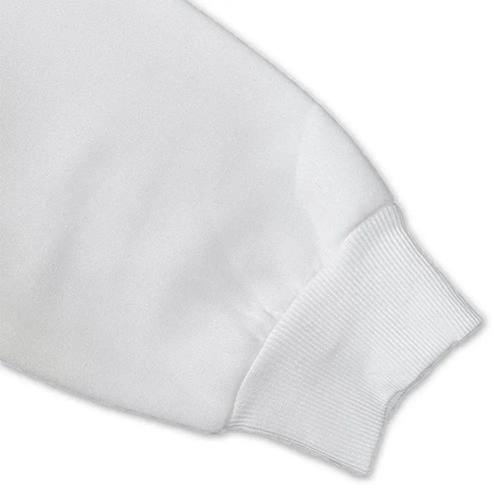 White graphic crew neck sweatshirt with black distressed number 15 graphic and ribbed knit cuffs and hem