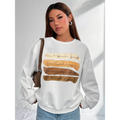 White oversized long sleeve sweatshirt in solid colour with motivational quote printed on horizontal brown and beige strips