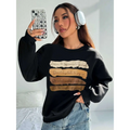 Black oversized long sleeve sweatshirt with motivational quote printed in beige and tan horizontal stripes