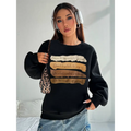 Black oversized long sleeve sweatshirt with gold-toned motivational quote printed horizontal text strips on solid colour fabric