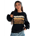 Black oversized long sleeve sweatshirt with motivational quote printed in beige and gold on solid colour stripes