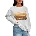 White oversized long sleeve sweatshirt in solid colour with motivational quote printed on tan and beige stripes