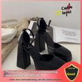 Black patent leather platform mary janes with super high heel platform block heel and ankle strap