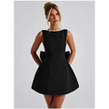 Black sleeveless a-line backless dress summer with pearl embellished neckline and large bow details at the back