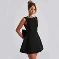 Black sleeveless a-line dress with pearl-trimmed neckline and flared skirt for elegant backless dress summer style