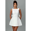 A sleek white satin backless dress summer style with pearl embellished neckline and flared sleeveless mini skirt
