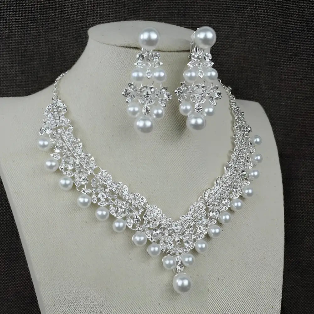 Silver crystal and pearl choker necklace with matching earrings in white pearl necklace diamond suit bridal set