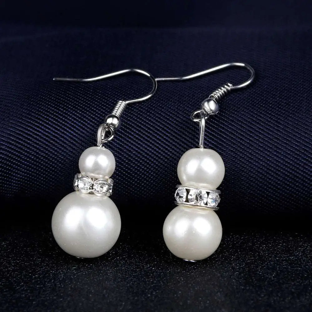 Pearl snowman earrings with silver hooks and clear crystal accents from white pearl wedding earrings necklace set