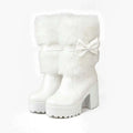 White platform sweet bow boots with fluffy faux fur cuffs and satin bow accent heel snow sweet style