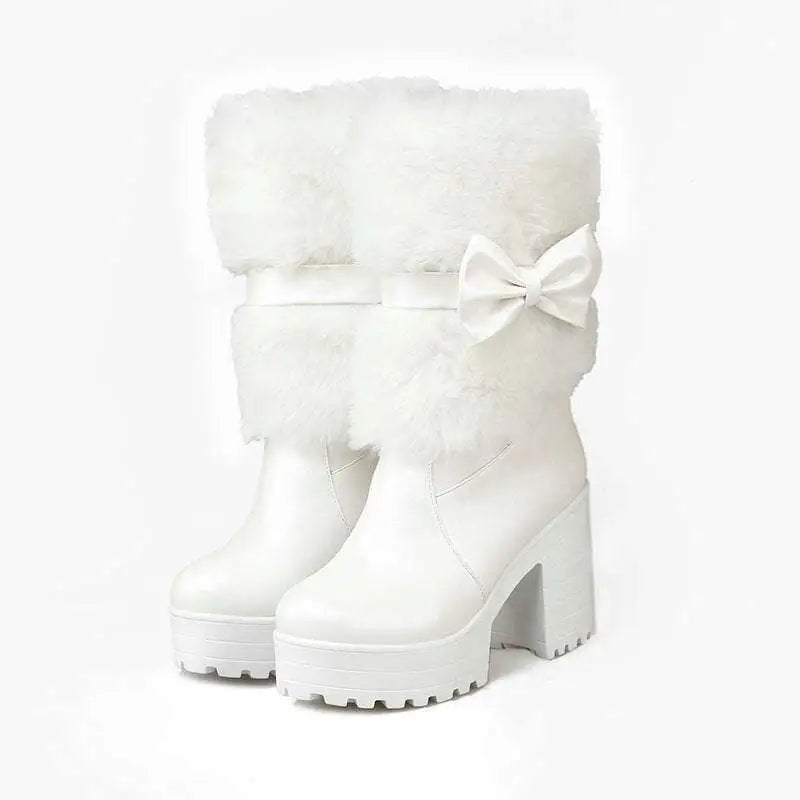 White platform sweet bow boots with fluffy faux fur cuffs and satin bow accent heel snow sweet style