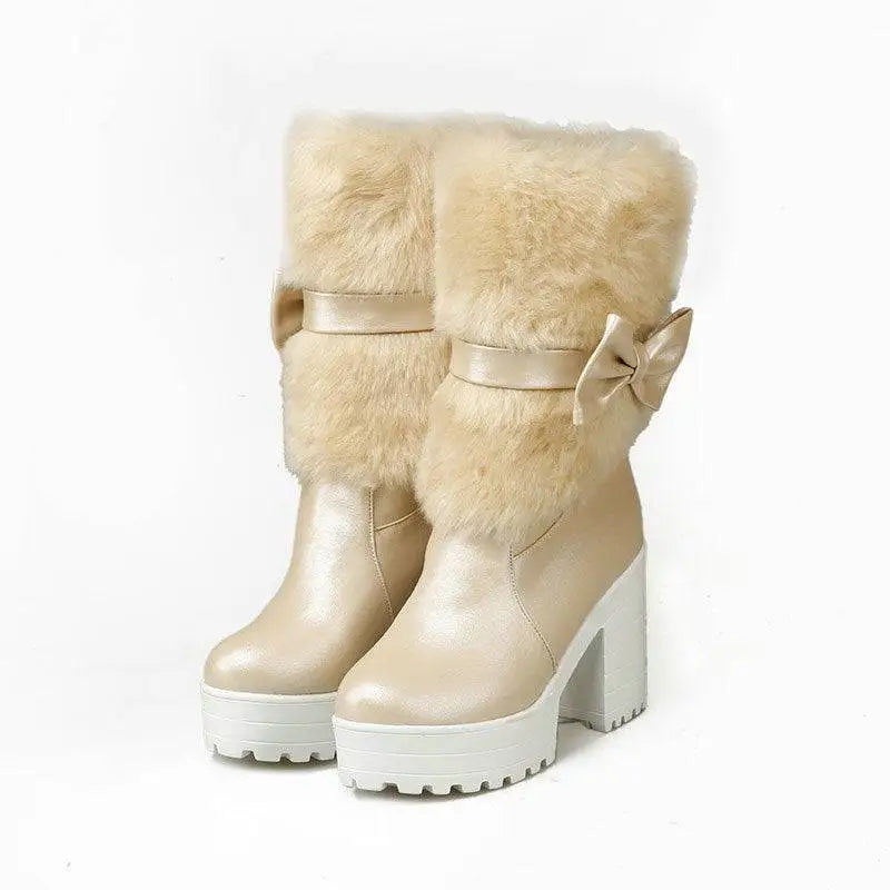 Cream-colored platform sweet bow boots with faux fur lining satin bow and glossy leather upper perfect for heel snow sweet looks