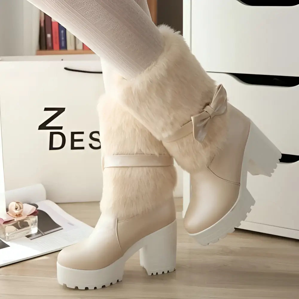 White platform sweet bow boots featuring fluffy faux fur cuffs and satin bow detail for stylish winter wear