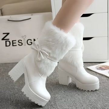 White platform sweet bow boots featuring fluffy faux fur cuffs and satin bow detail for stylish winter wear