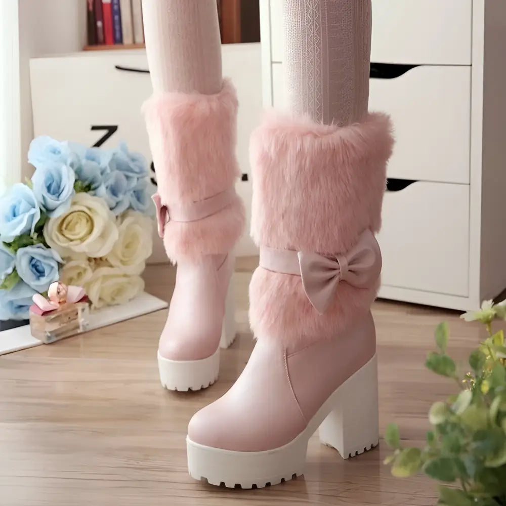 Pink platform sweet bow boots with fluffy faux fur cuffs and matching bow details ideal for heel snow sweet style