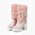White platform sweet bow boots featuring pink faux fur lining and a satin bow accent for heel snow sweet style
