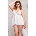 White lace halter plus size pajamas with satin trim and bow backless suspenders nightdress front view