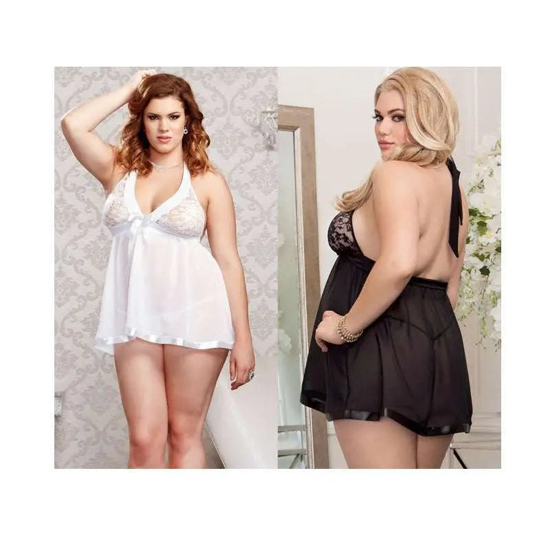 Back view of white plus size pajamas backless suspenders nightdress with lace halter neckline and sheer chiffon skirt