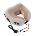 Beige and tan white plush u shaped massage pillow neck device with built-in massage pillow neck controls and usb charging cable