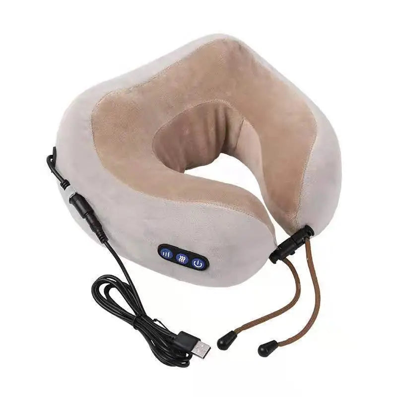 Beige and tan white plush u shaped massage pillow neck device with built-in massage pillow neck controls and usb charging cable