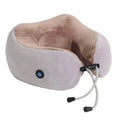 Beige plush white u shaped massage pillow neck device with power button and adjustable strap for comfortable use