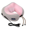 White plush u shaped massage pillow neck device in pink and gray plush with usb charging cable